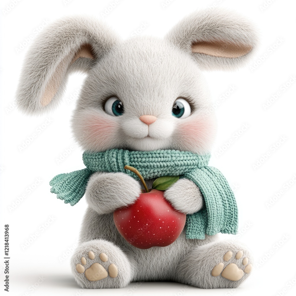 Fototapeta premium A soft rabbit with a green scarf and a red apple, placed on a plain white background. Playful, colorful character.
