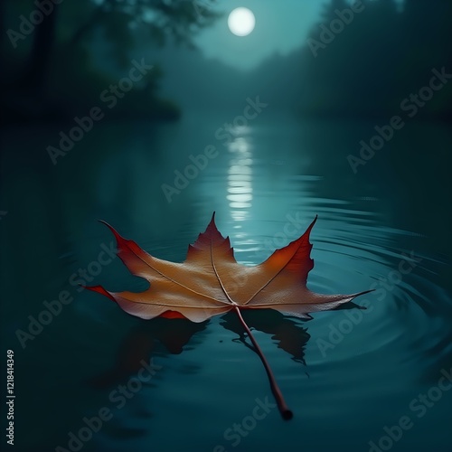 The image shows a single red maple leaf floating on a calm body of water at night, with a full moon and a forested area in the background.