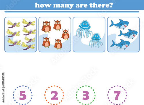 Counting game of wild animals for preschool kids. Printable. Vector Illustration