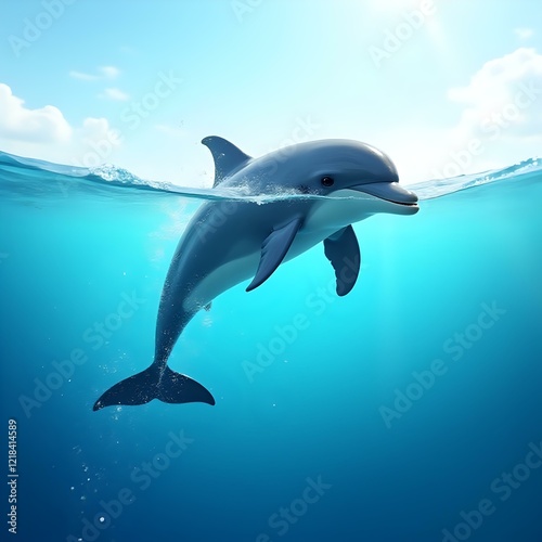A 3D rendering of a dolphin leaping above the water's surface, with sunlight and clouds in the background.