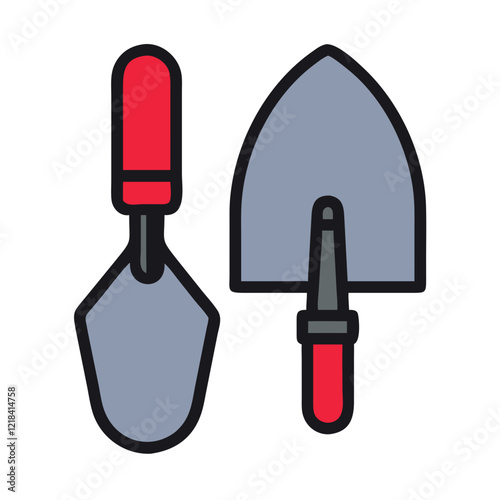 Illustration of two trowels with red handles, ideal for construction and gardening applications