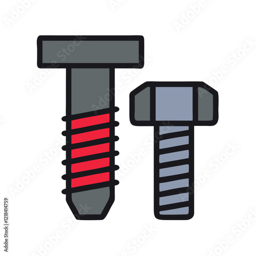 Stylized illustration of two bolts with red accents for construction and mechanical applications
