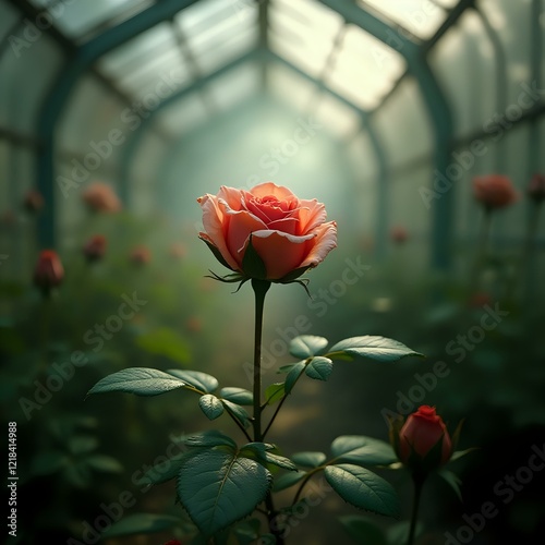 A close-up of a single rose with a vibrant red color, set against a blurry backdrop of other roses in a greenhouse with an arched glass roof.
