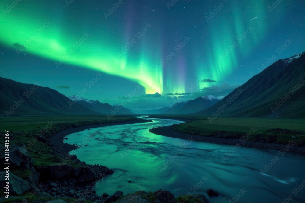 Naklejka premium Glowing aurora borealis above winding river banks, Landscapes, Atmospheric Phenomena, Weather