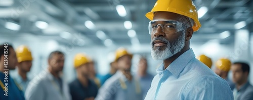 Effective Job Site Leadership A Foreman Leading a Team Meeting with Safety Helmets On This image depicts structured site planning, teamwork, and the importance of safety protocols in construction and photo