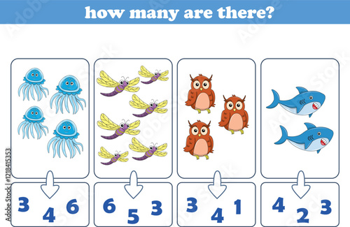 Counting game of wild animals for preschool kids. Printable. Vector Illustration