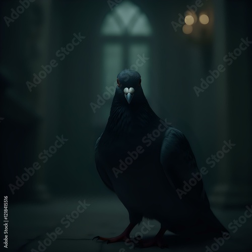 A dark, shadowy image featuring a bird with a black head and beak, standing in a dimly lit room with a window and light in the background. photo