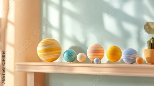 28.A charming scene of a solar system model on a wooden shelf, with vibrant planets arranged in a color and size progression, against a background of soft pastel classroom walls.