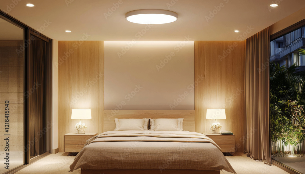 Fototapeta premium clean, minimalist bedroom with warm ambient lighting and natural elements