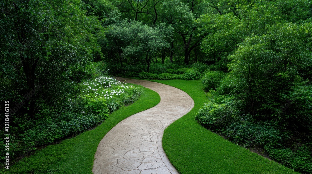 Naklejka premium A winding stone path through a lush green garden