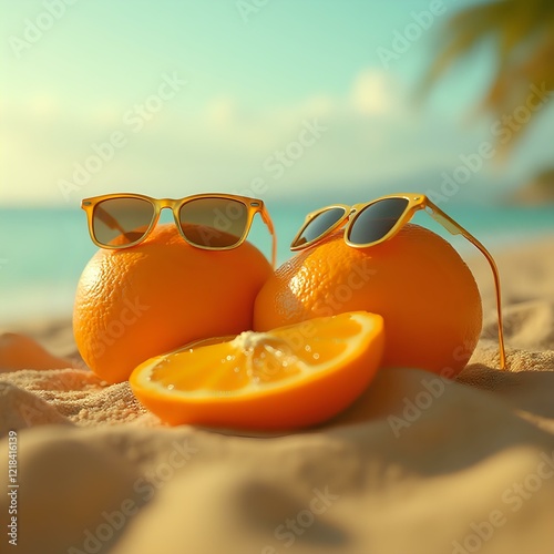 Two oranges are positioned on a sandy beach, with the orange halves in the foreground featuring sunglasses, and a slice of an orange revealing the white pith beneath.