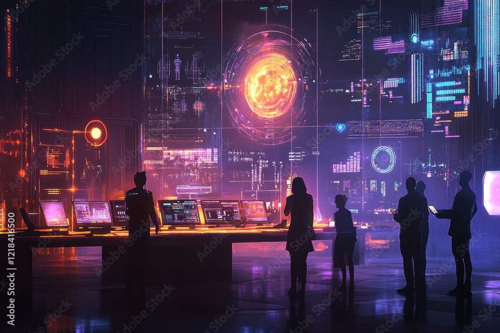 Fototapeta premium Silhouetted figures monitor vibrant digital displays showing futuristic data. Illustrates advanced technology, data analysis, and future innovation.