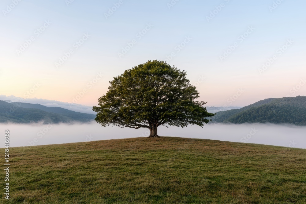Single tree on a hilltop above the clouds at sunrise Single tree on a hilltop above the clouds at sunrise