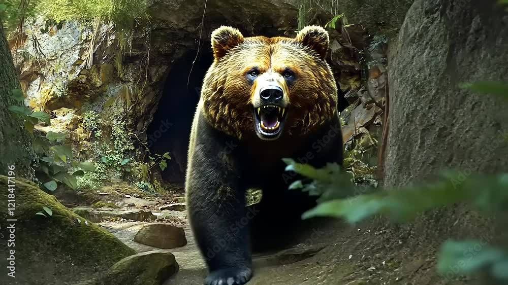 A menacing brown bear emerges from a dark, mossy cave in a lush forest. A menacing brown bear emerges from a dark, mossy cave in a lush forest.