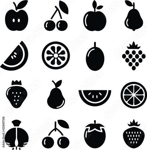 Simple Black Fruit Icons Apple, Cherry, Orange, Pear, Grape