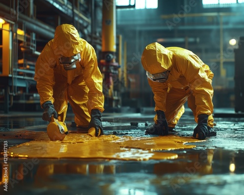 Factory Workers in Protective Coveralls Cleaning Hazardous Chemical Spill Workplace Safety, Industrial Hazard Management, Manufacturing Site Cleanup, Safety Measures, Emergency Response, Industrial photo