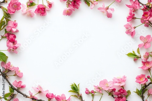 Beautiful Pink Spring Blossoms Frame on White Background for Design