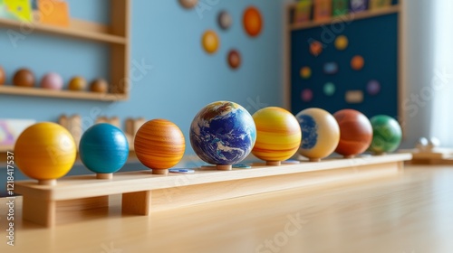 26.A detailed depiction of a wooden Montessori shelf with colorful planetary spheres arranged in a precise size gradient, representing the solar system, in a brightly lit preschool classroom.