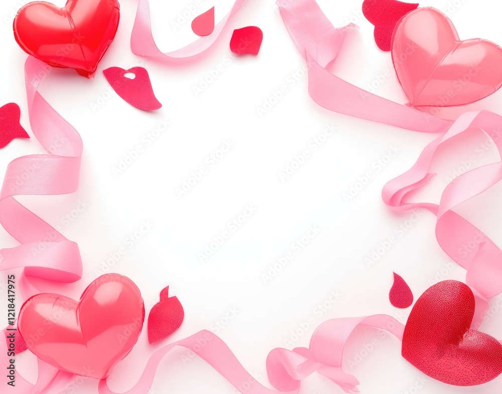Romantic Heart Frame: A romantic backdrop for your love messages, featuring a delicate frame of pink ribbons and red heart-shaped decorations, arranged on a pristine backdrop. Romantic Heart Frame: A romantic backdrop for your love messages, featuring a delicate frame of pink ribbons and red heart-shaped decorations, arranged on a pristine backdrop.