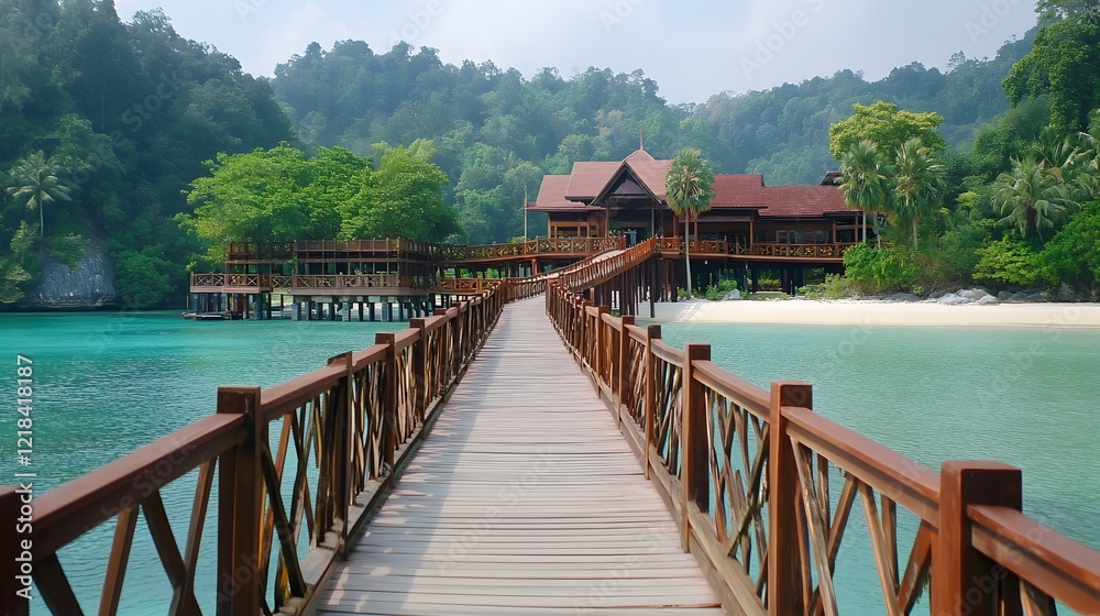54. A wooden footbridge over a peaceful lagoon, leading to the Pavilion Pha Leuang Resort beach 54. A wooden footbridge over a peaceful lagoon, leading to the Pavilion Pha Leuang Resort beach