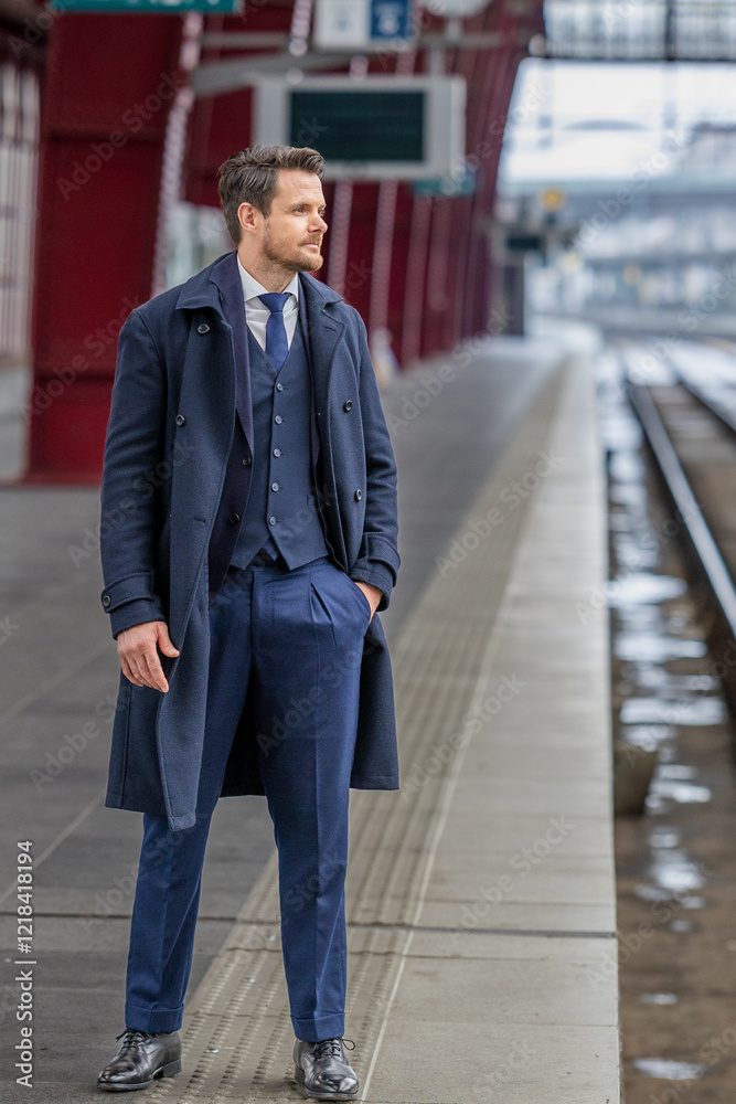 Gentleman Waiting Calmly on the Platform in a Sophisticated Suit Gentleman Waiting Calmly on the Platform in a Sophisticated Suit