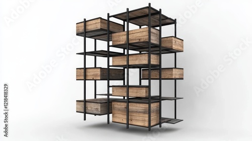 23.A detailed rendering of a multi-tiered rack with textured wooden planks and sleek black metal framing, emphasizing contemporary aesthetics in a standalone design. photo