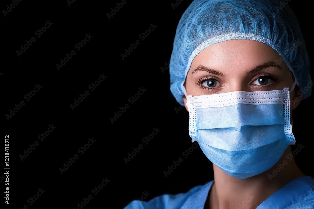 Portrait of a female surgeon wearing a surgical mask and cap Portrait of a female surgeon wearing a surgical mask and cap
