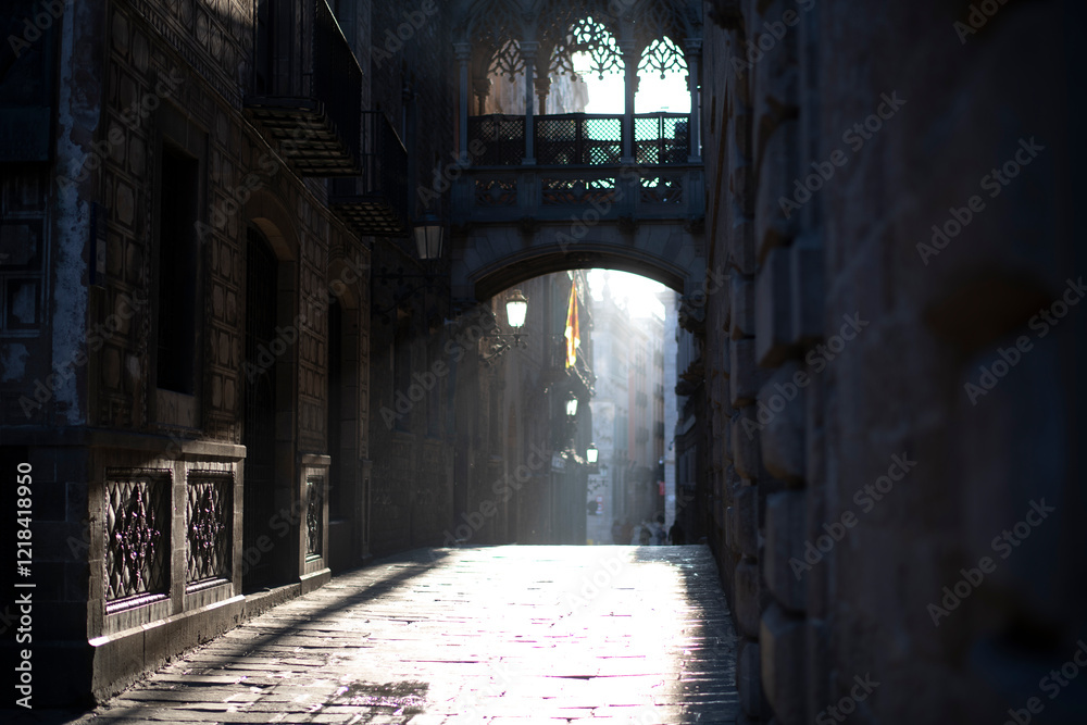 Fototapeta premium Light streaming through cobblestone walkway Barcelona Gothic Quarter