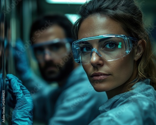 Manufacturing team calibrating machines, emphasizing precision-driven safety with safety glasses and gloves Workplace safety measures are paramount in this high-precision manufacturing environment photo