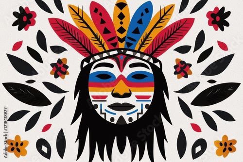 Colorful tribal mask with headdress and floral details