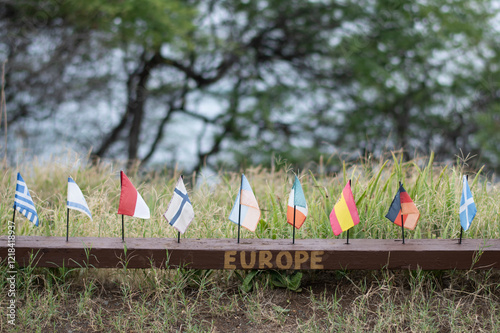 Mini flags European countries wooden plank titled Europe photo