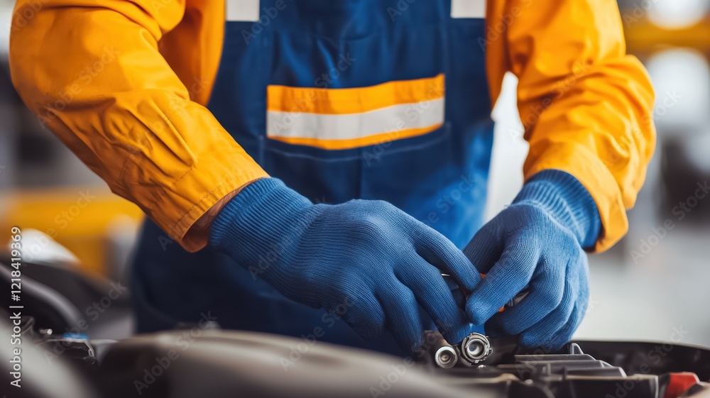 Fototapeta premium A worker in a blue and orange uniform uses tools to perform mechanical repairs in a workshop, showcasing hands-on skills and attention to detail.