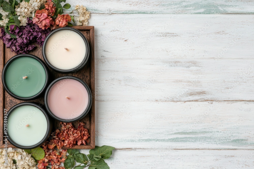 Scented candles in a wooden tray with dried flowers Scented candles in a wooden tray with dried flowers
