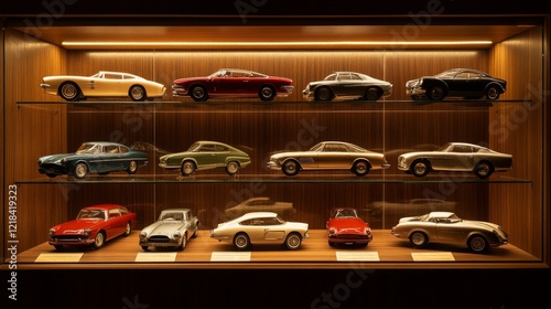 50.A display of miniature car models arranged neatly on glass shelves within a sleek wooden closet, illuminated by soft overhead lighting for a museum-like presentation.