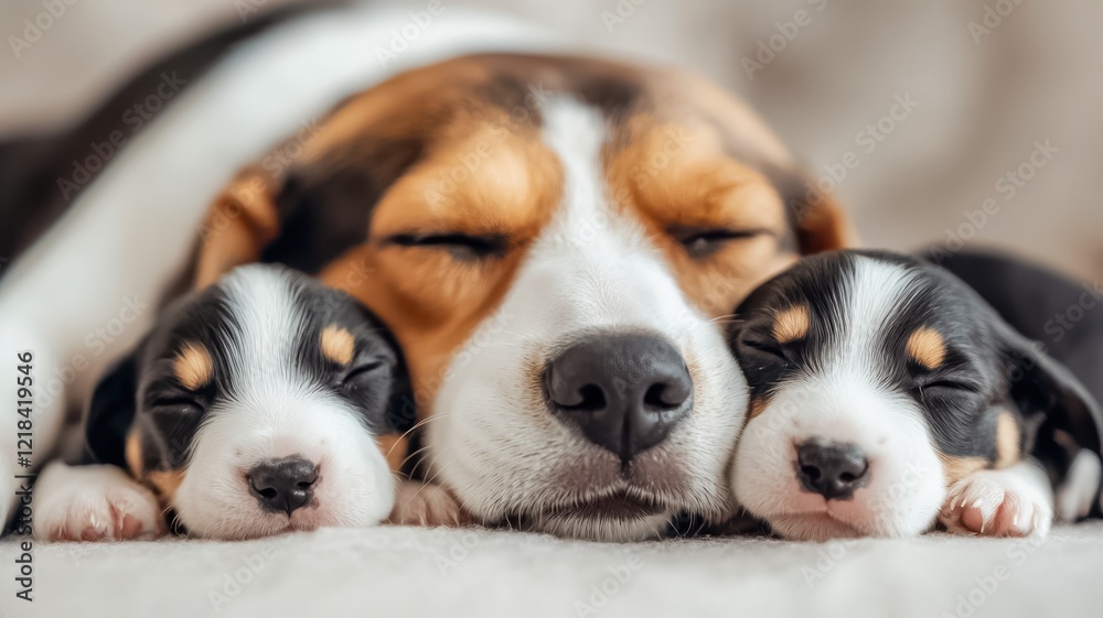 A heartwarming scene of a mother dog peacefully sleeping next to her adorable puppies, showcasing love and tenderness in a cozy setting. A heartwarming scene of a mother dog peacefully sleeping next to her adorable puppies, showcasing love and tenderness in a cozy setting.
