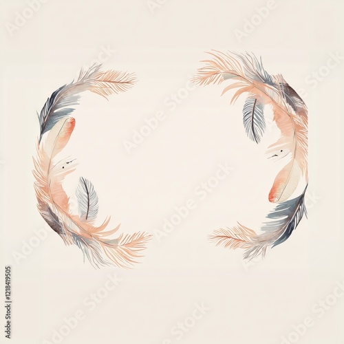 Simple watercolor border of delicate feathers on a white background photo