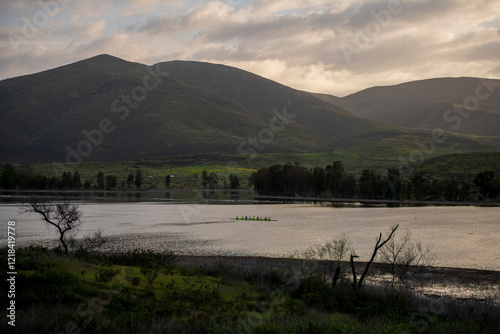 Olympic training rowing crew practice on Otay Lake at dawn photo