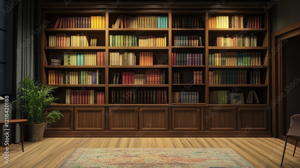 36.A highly detailed rendering of a freestanding wooden bookcase with shelves containing books of different colors and textures, creating a realistic and organized appearance. 36.A highly detailed rendering of a freestanding wooden bookcase with shelves containing books of different colors and textures, creating a realistic and organized appearance.
