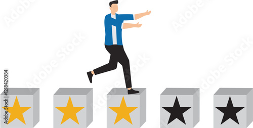 Upskilling and reskilling employee to boost productivity or efficiency, motivation to self development, skill enhancement or personal competency, Businessman walking on 5-star rating loading panel photo