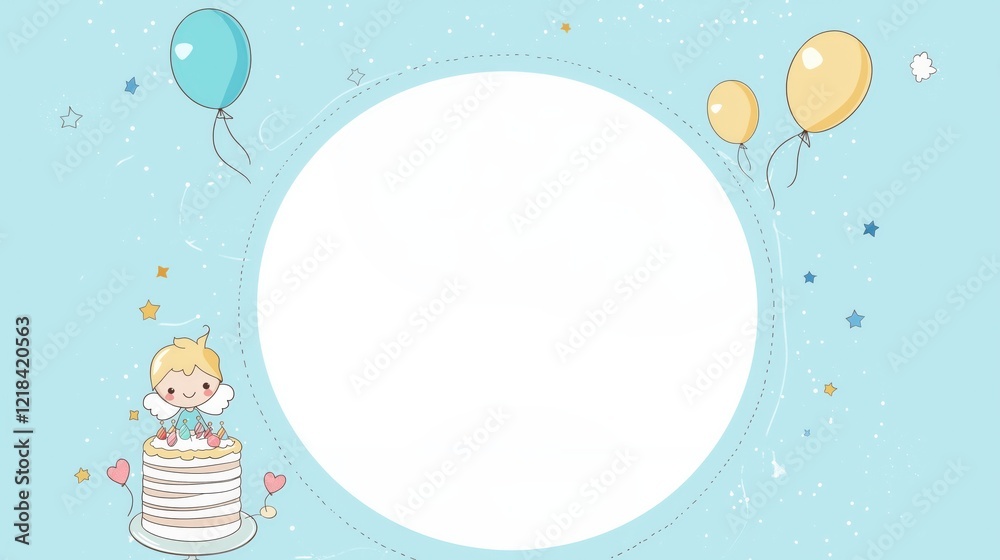 Happy Birthday, balloons with cake and white circle for space for text Happy Birthday, balloons with cake and white circle for space for text