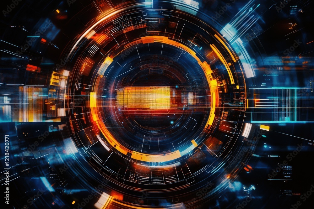 Obraz premium Abstract technology background captures the complex synergy of automated systems, digital collaboration tools, and strategic business models, blending geometric shapes and interactive data streams 