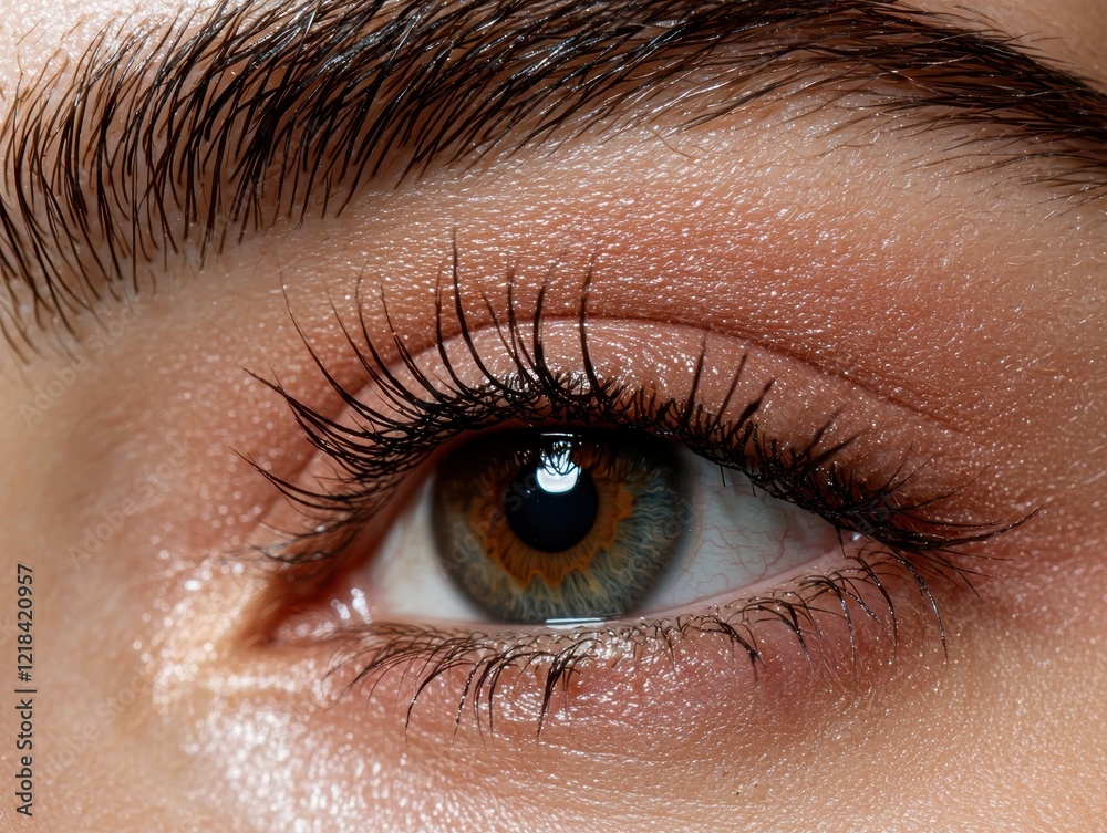 Obraz premium Close-up of a woman's eye with brown iris and long eyelashes
