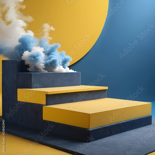 Creative design featuring colorful geometric shapes and smoke effects in a modern art installation photo