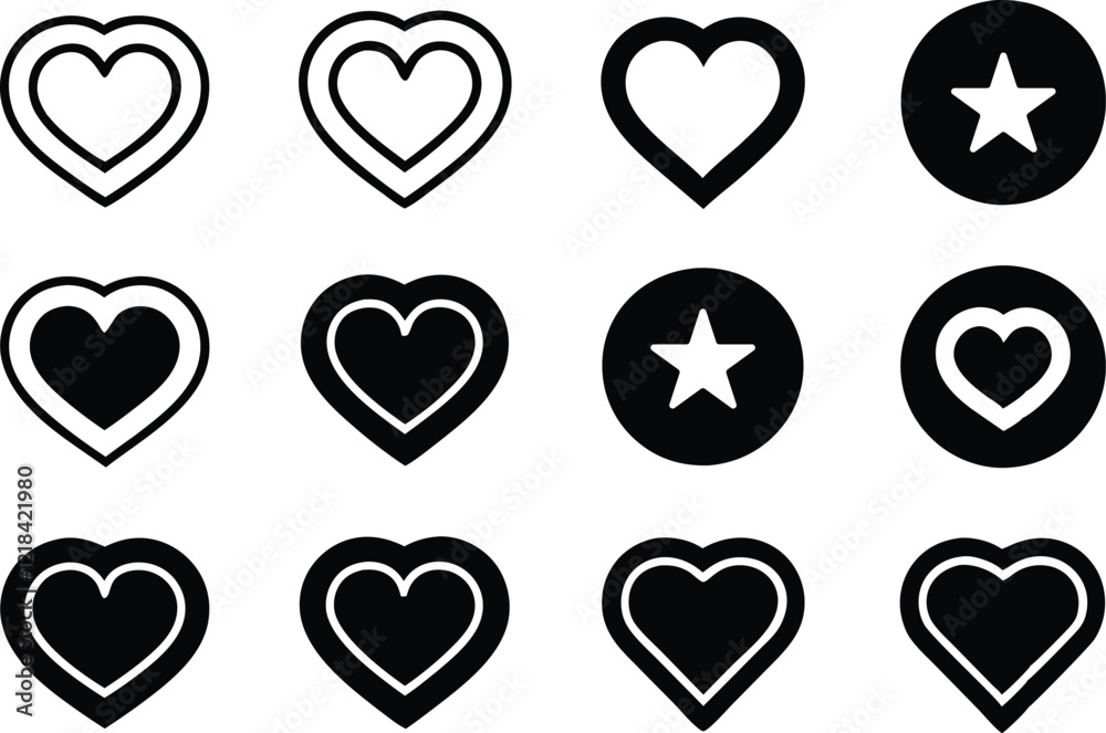 Heart Icons, Star Icons, Graphic Design Elements, Simple Shapes, Black and White Heart Icons, Star Icons, Graphic Design Elements, Simple Shapes, Black and White