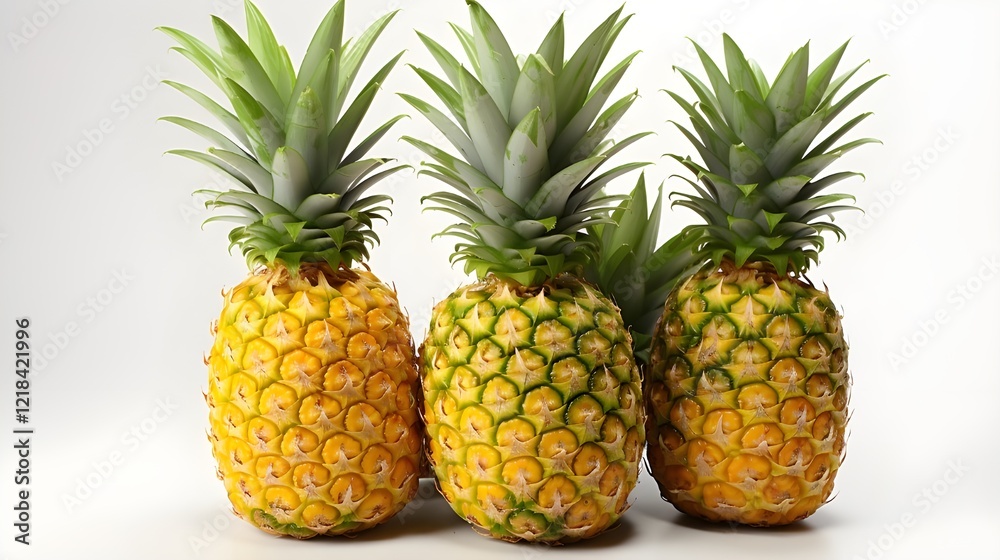 A set of ripe pineapples with lush green leaves, isolated on a pure white background with perfect clipping path and full depth of field, captured in ultra-realistic HD detail, A set of ripe pineapples with lush green leaves, isolated on a pure white background with perfect clipping path and full depth of field, captured in ultra-realistic HD detail,