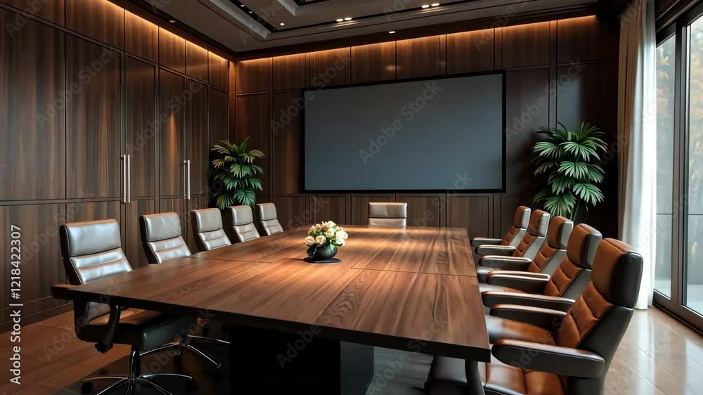 A large conference room with a black screen and a potted plant