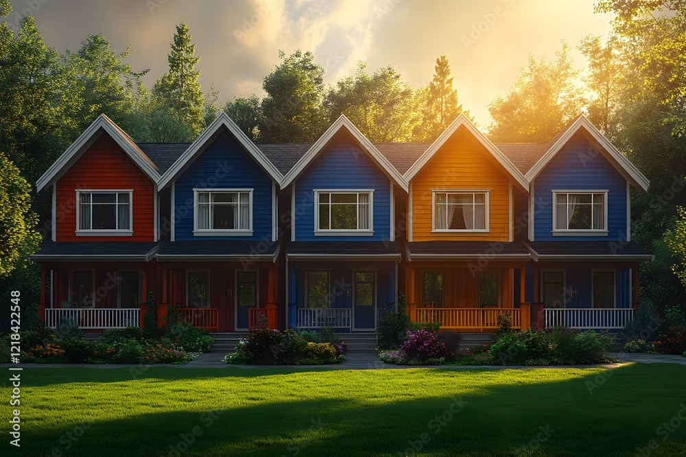 Charming Colorful Townhouses: Serene Evening Sunlight in a Lush Suburban Setting Charming Colorful Townhouses: Serene Evening Sunlight in a Lush Suburban Setting
