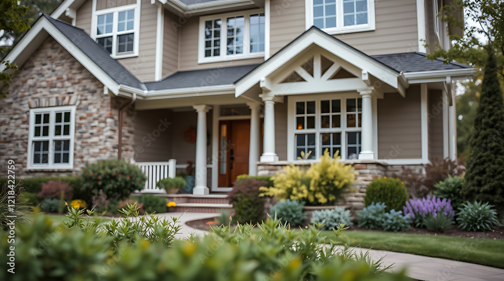 Fototapeta premium Dream House Exterior: Stone and Brick Facade, Landscaped Garden, and Curb Appeal