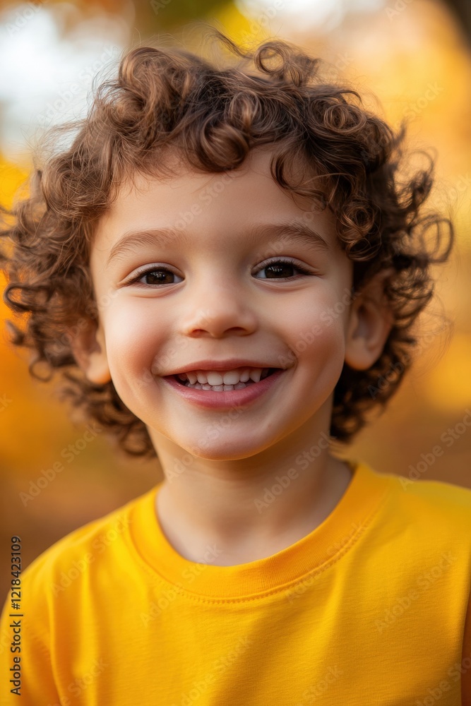 Child with curly hair smiling joyfully outdoors in autumn leaves wearing a bright yellow shirt. Happiness, childhood innocence, and playful moments captured. Child with curly hair smiling joyfully outdoors in autumn leaves wearing a bright yellow shirt. Happiness, childhood innocence, and playful moments captured.