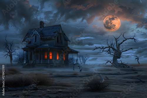 Dread Sobriety: Dusk of Nightmare - Gloomy Landscape with Haunted House under Full Moon photo